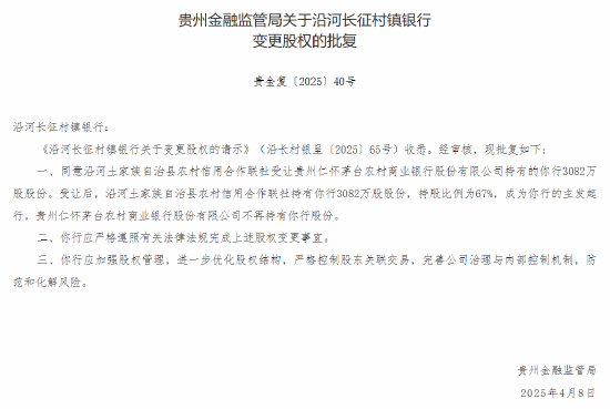 茅台农商行：获批转让6家所持村镇银行股份