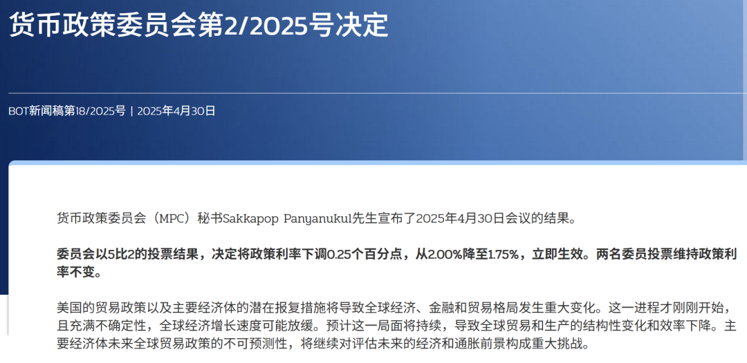 泰国央行将利率降至1.75% 以应对贸易战与地震双重挑战