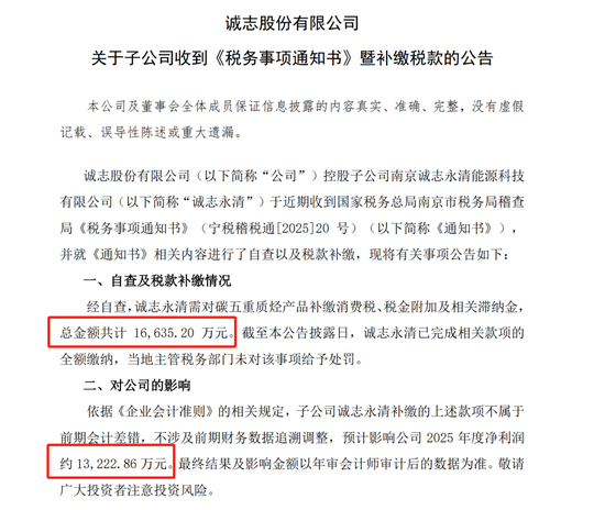 诚志股份：子公司已完成相关款项全额补缴