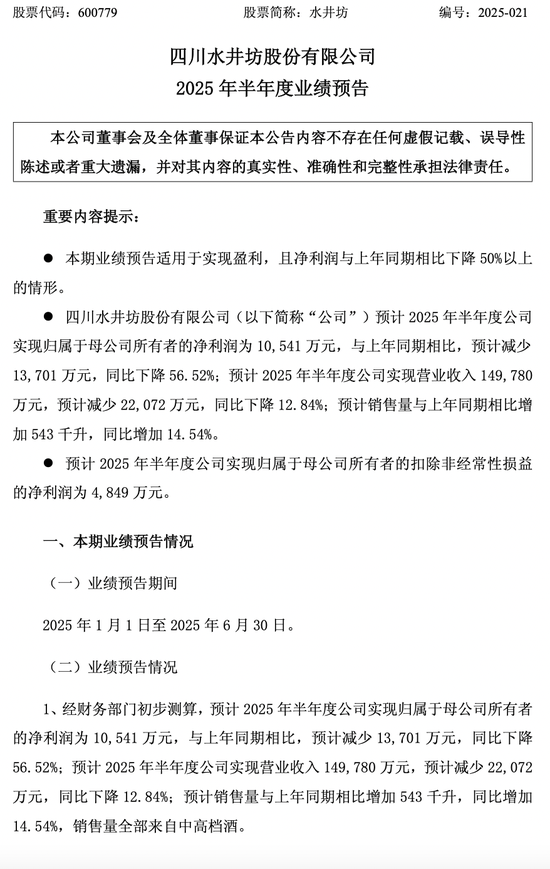 白酒首份半年业绩预告现“量升价跌”困局：水井坊营收15亿，净利腰斩